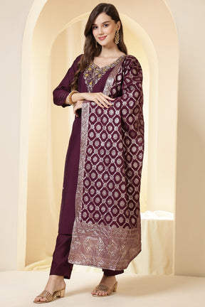 Wine Color Silk Neck Embroidered Suit Set