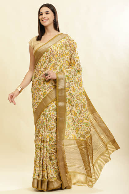 Olive Green & Beige Cotton Silk Floral Boota Printed Saree