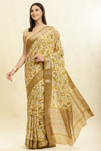 Olive Green & Beige Cotton Silk Floral Boota Printed Saree
