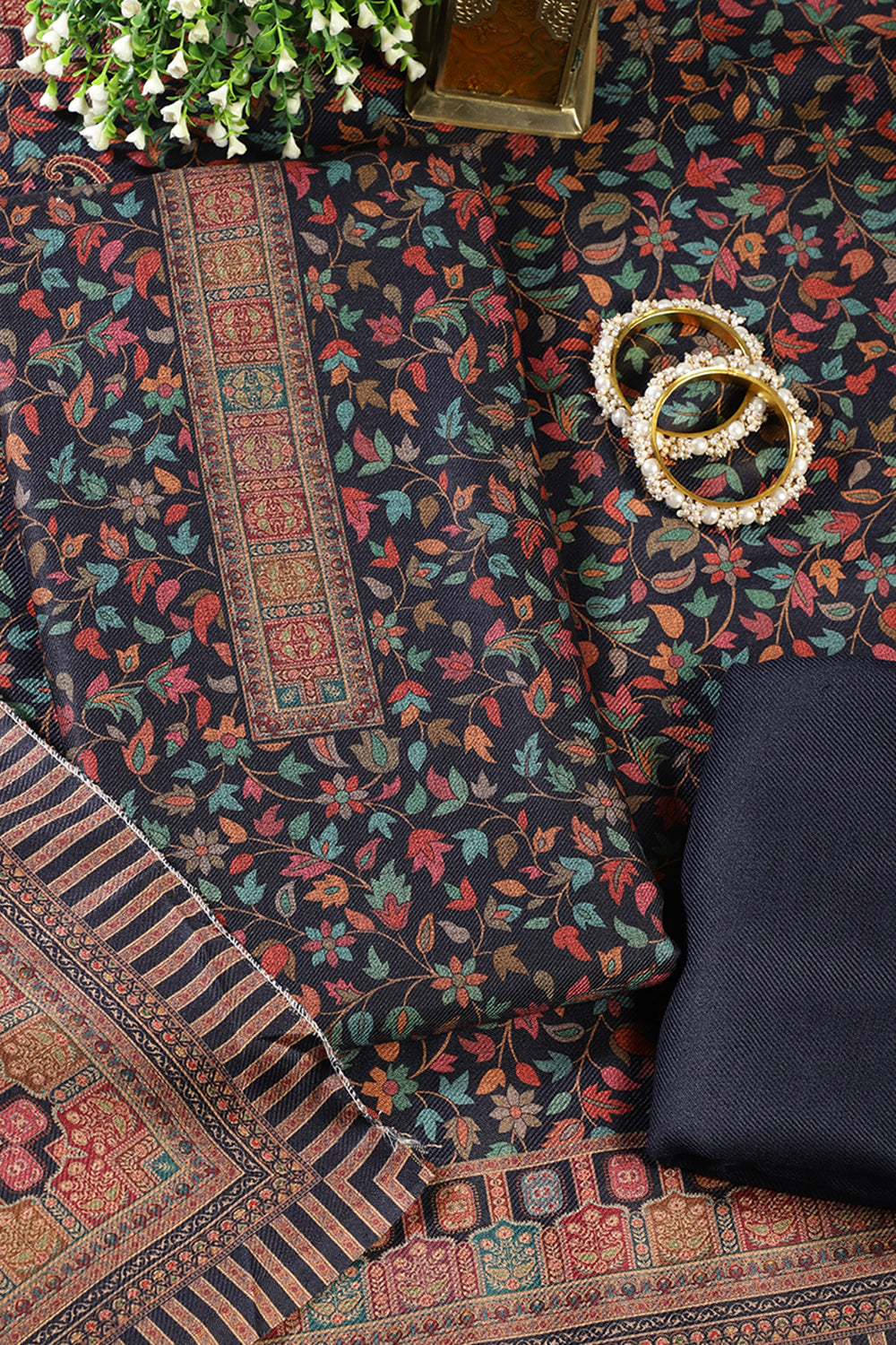 Navy Pashmina Floral Printed Unstitched Suit Fabric