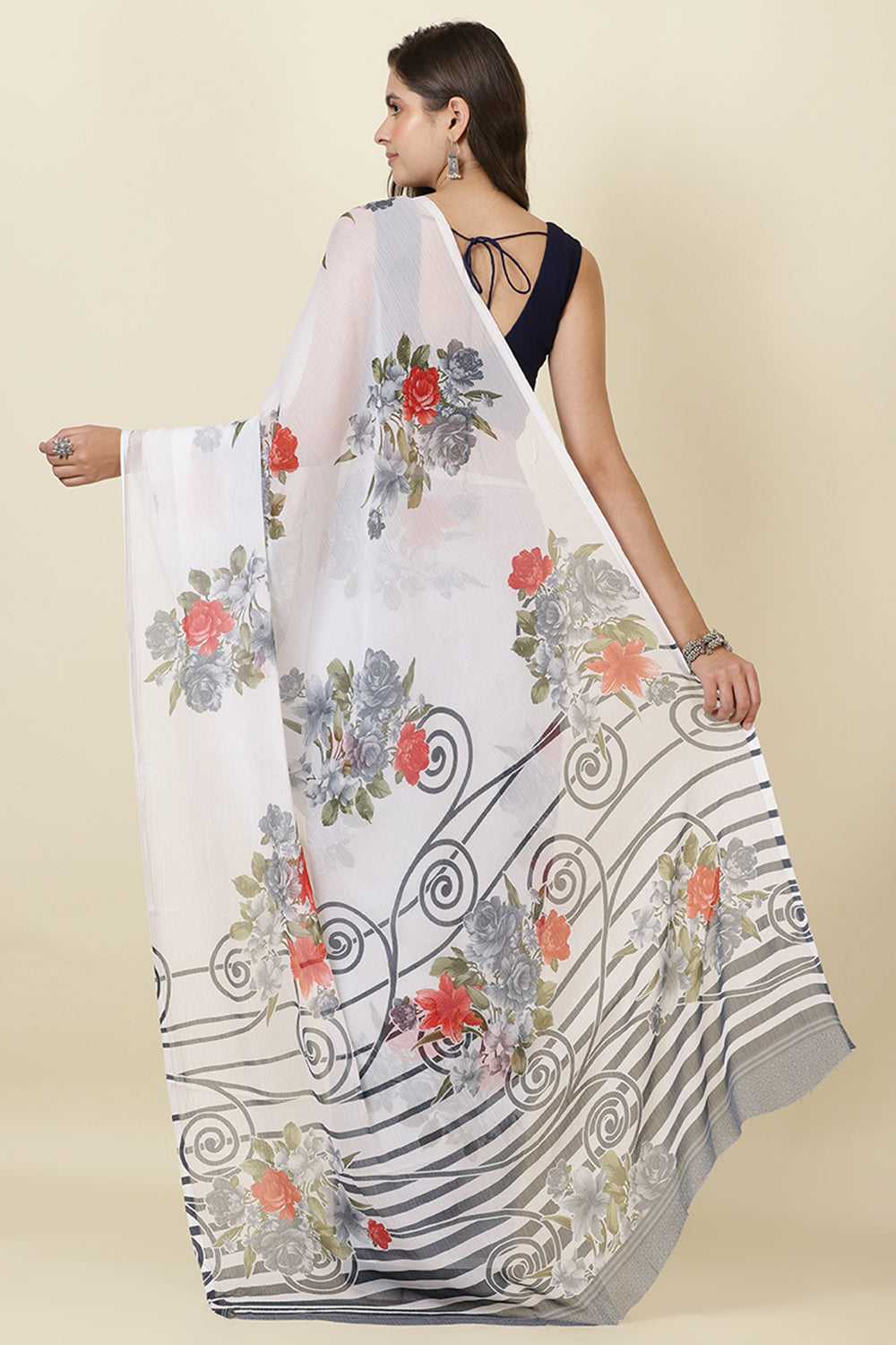 White Georgette Floral Printed Saree