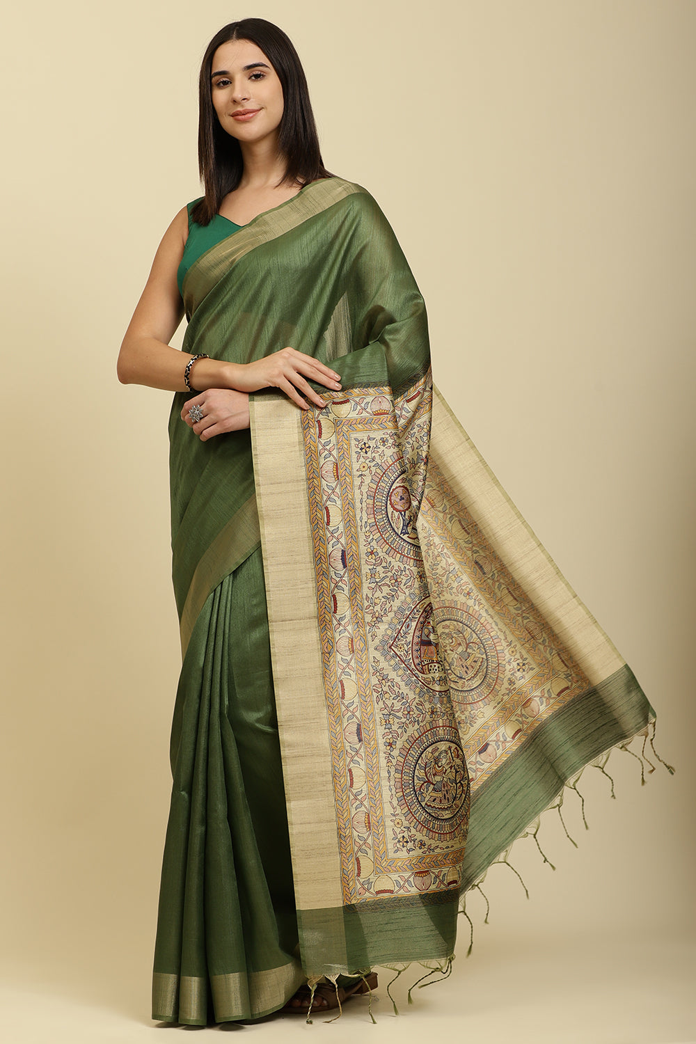 Green Color Cotton Silk Madhubani Print Saree