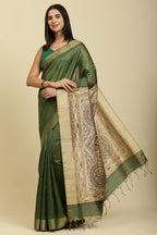 Green Color Cotton Silk Madhubani Print Saree