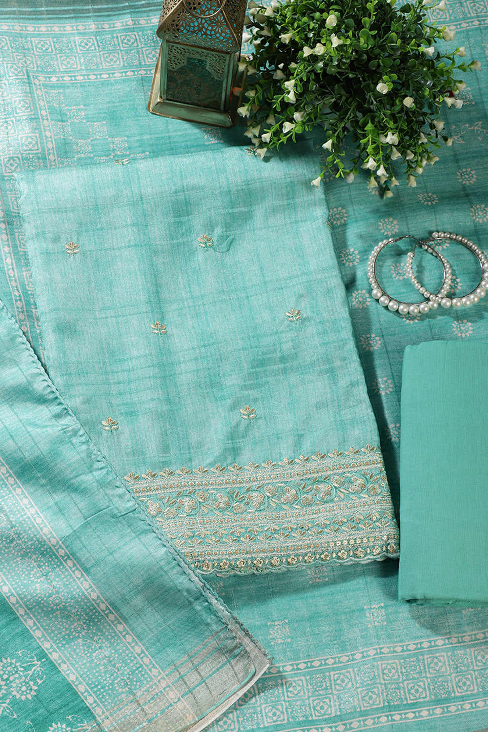 Sea Green Tussar Silk Embroidered Unstitched Suit Material (Copy)