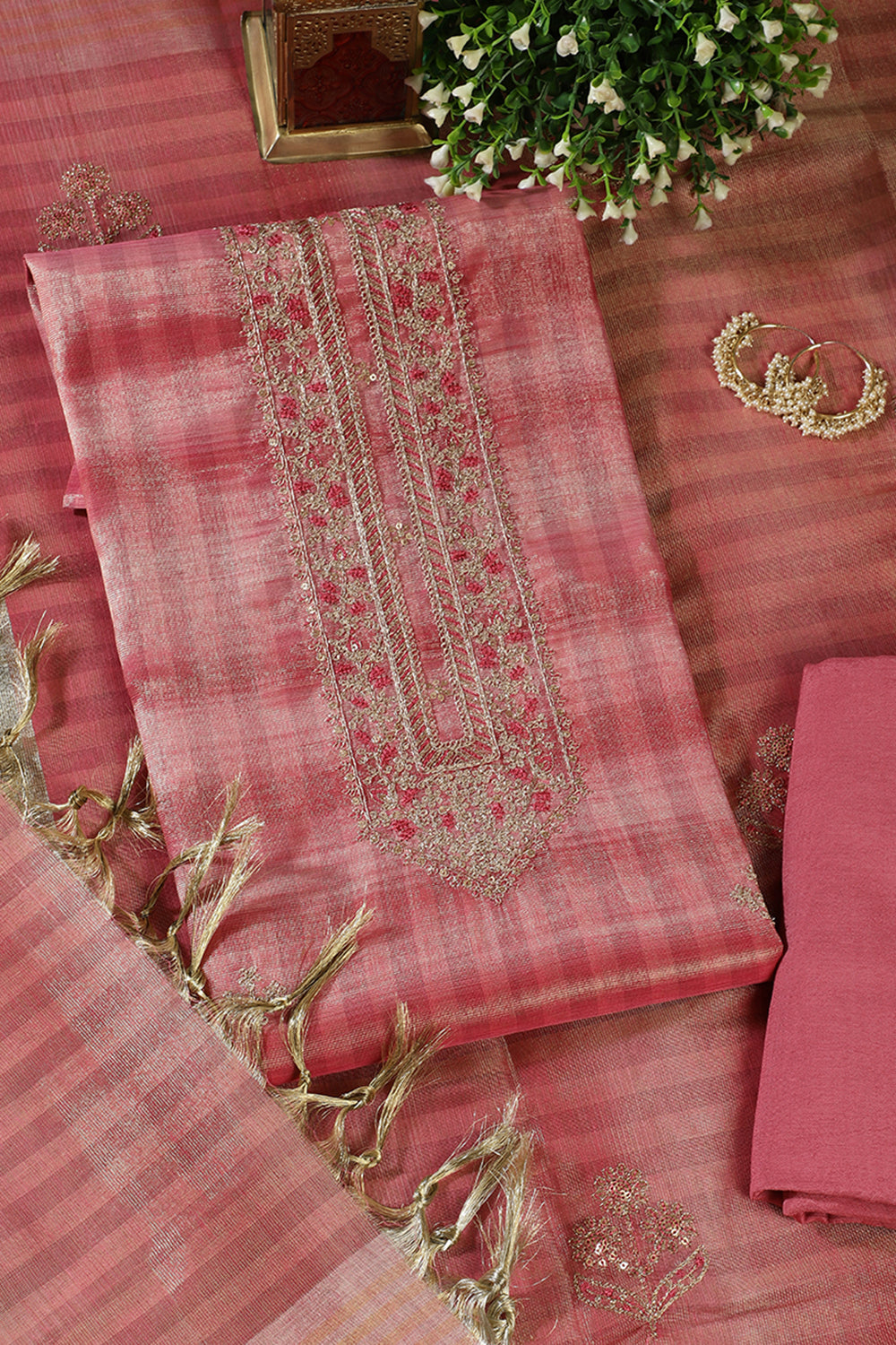 Tulip Pink Tissue Silk Zari And Resham Embroidered Unstitched Suit Material