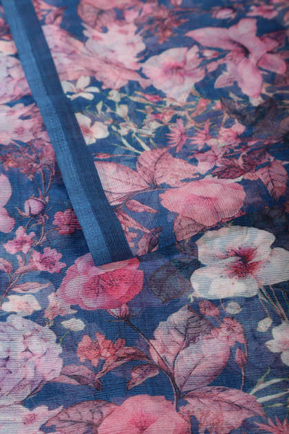 Blue Floral Printed Chiffon Saree