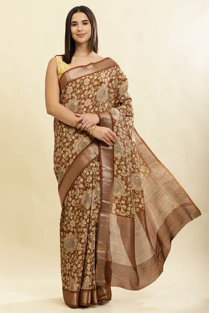 Brown Floral Printed & Zari Border Cotton Silk Saree