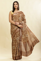Brown Floral Printed & Zari Border Cotton Silk Saree