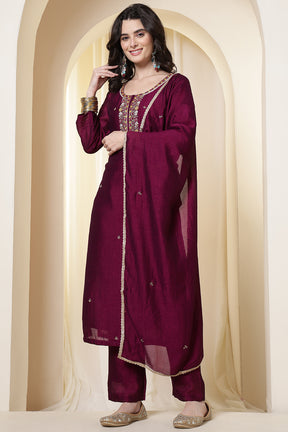 Dark Scarlet Chinone Silk Neck-Embroidered Suit Set