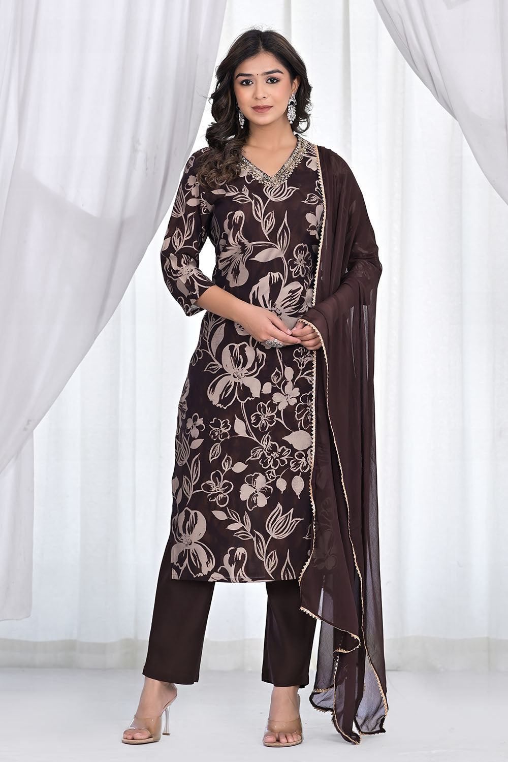 Brown Color Muslin Printed & Neck Embroidered Suit