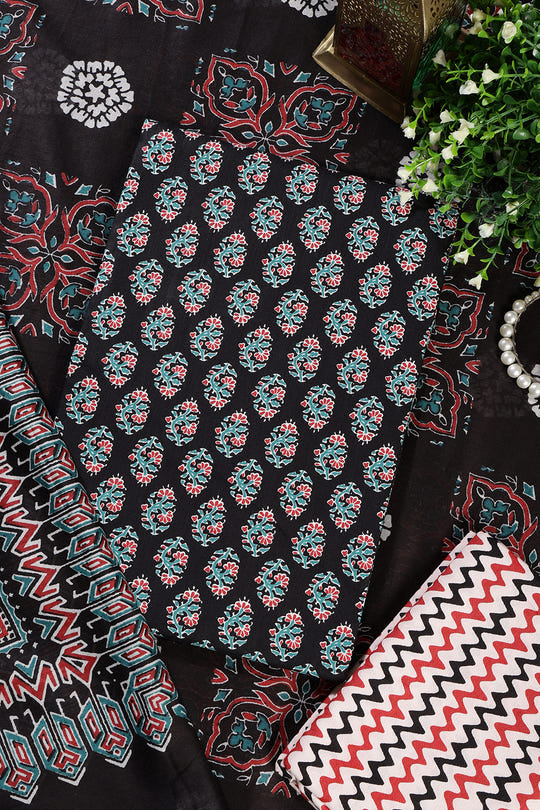 Black Poplin Cotton Printed Unstitched Suit Material