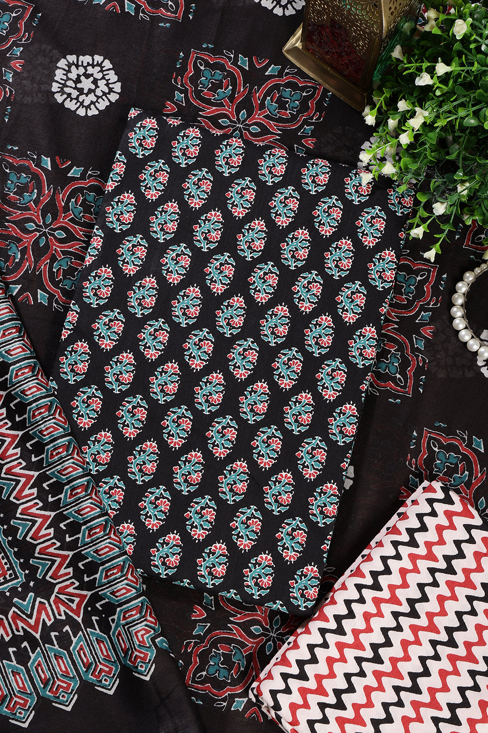 Black Poplin Cotton Printed Unstitched Suit Material