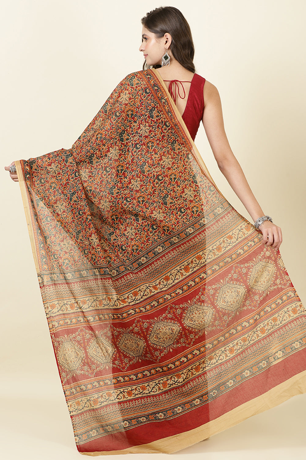 Maroon Floral Printed Cotton Saree