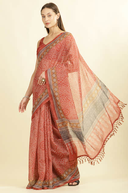 Rust Bandhani Printed Cotton Saree