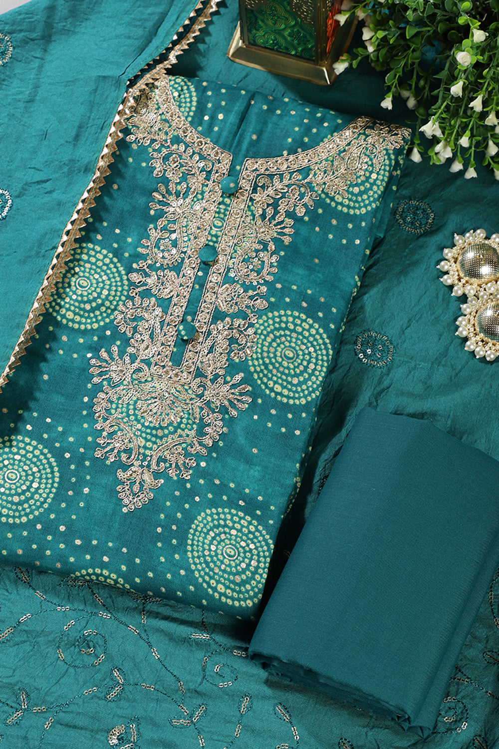 Teal Cotton Bandhani Printed & Neck Embroidered Unstitched Suit