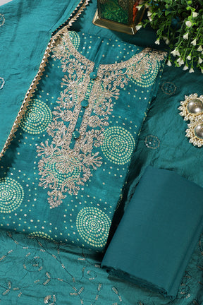 Teal Cotton Bandhani Printed & Neck Embroidered Unstitched Suit