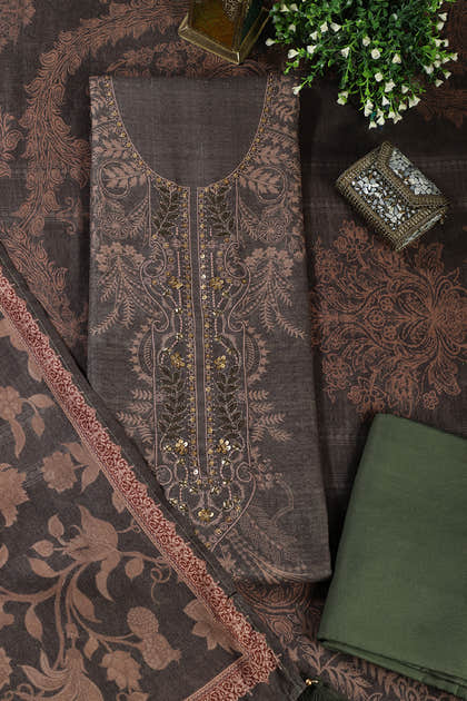 Green Spun Floral Printed Unstitched Suit Fabric