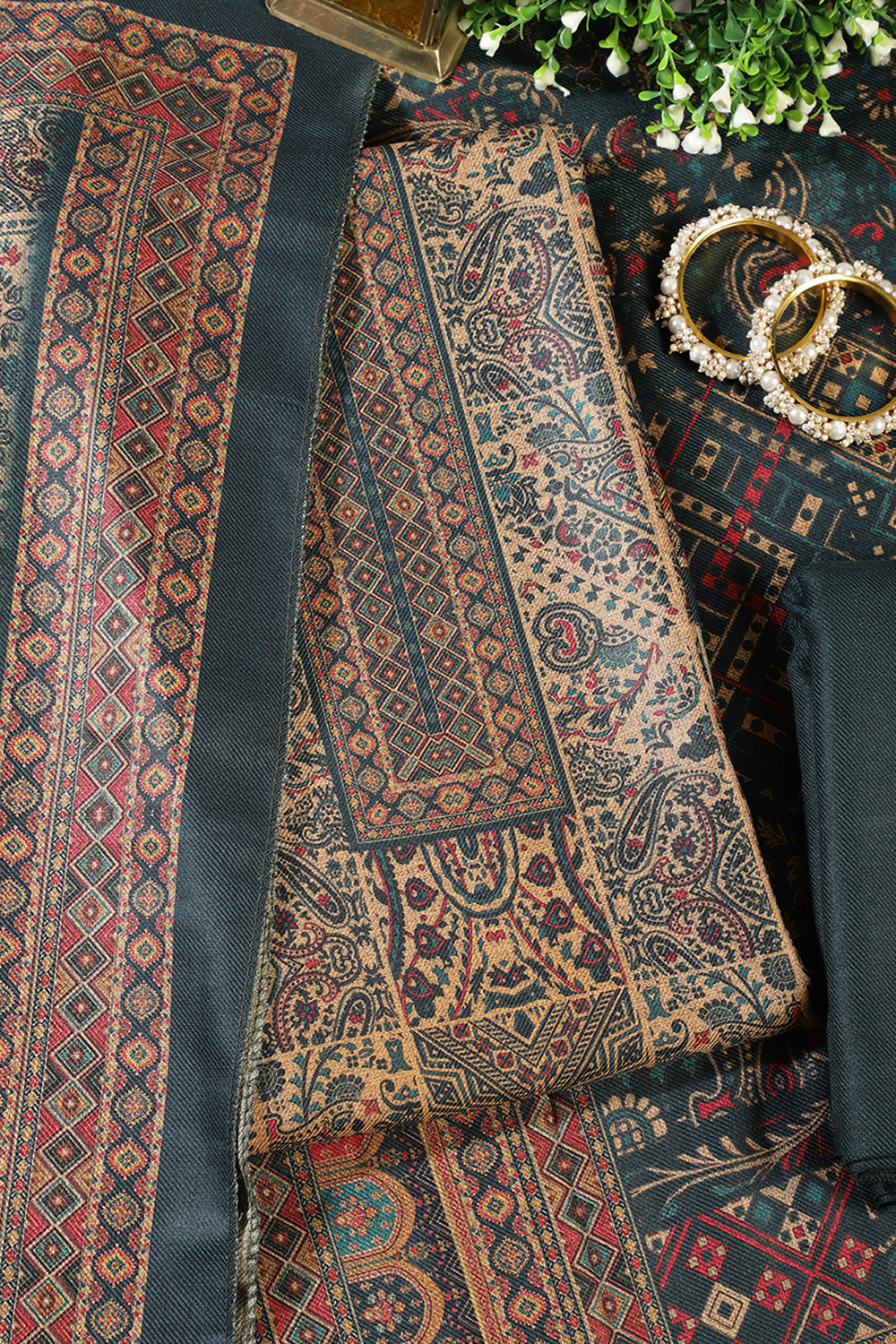 Teal Pashmina Digital Printed Unstitched Suit Material