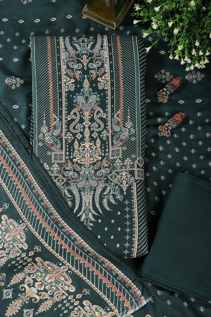 Bottle Green Mughal-Inspired Paisley Printed Spun  Unstitched Suits Fabric