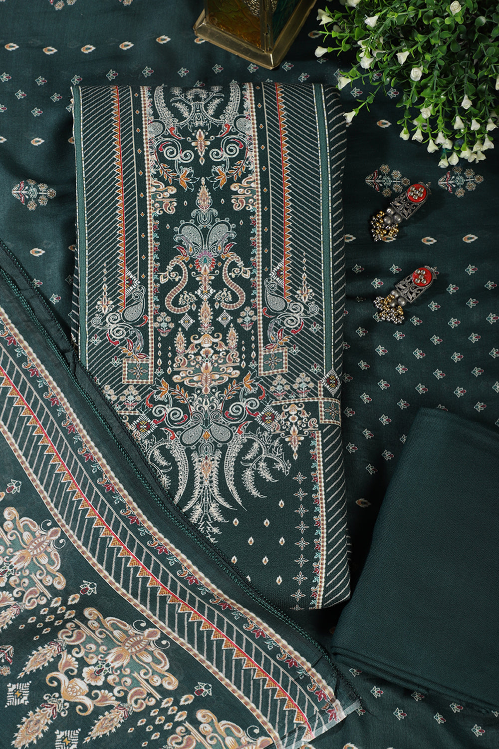 Bottle Green Mughal-Inspired Paisley Printed Spun  Unstitched Suits Fabric