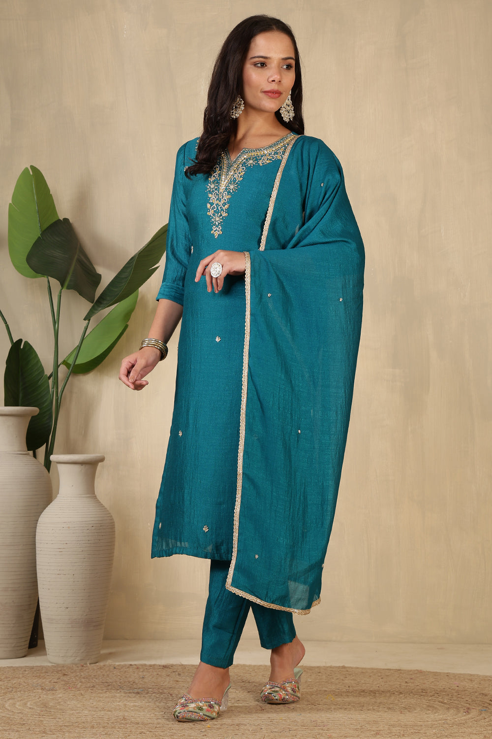 Teal Crepe Silk Neck Embroidered Suit