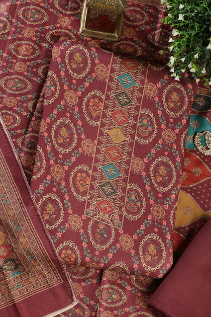 Wine Pashmina Digital Printed Unstitched Suit Material