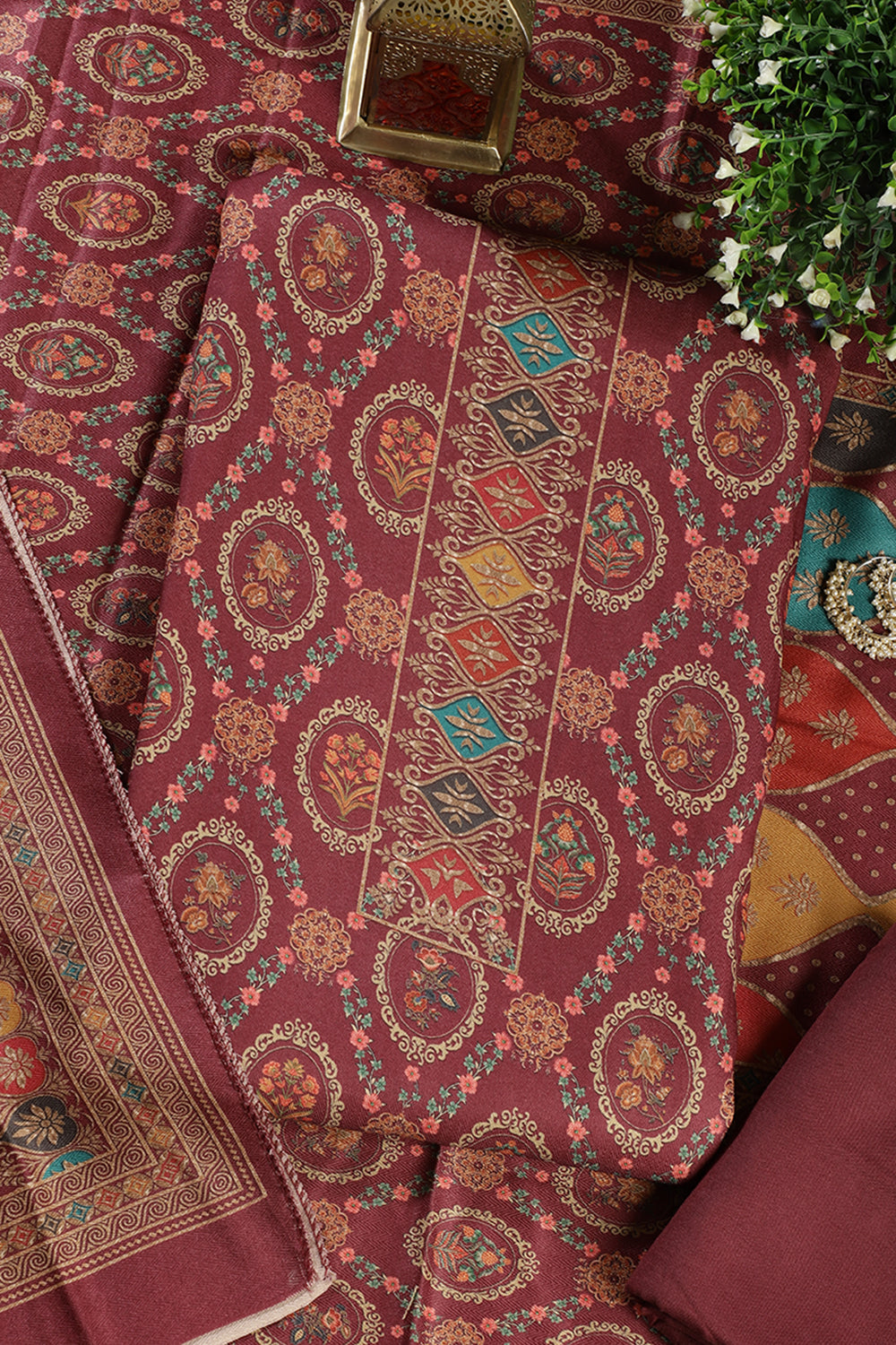 Wine Pashmina Digital Printed Unstitched Suit Material