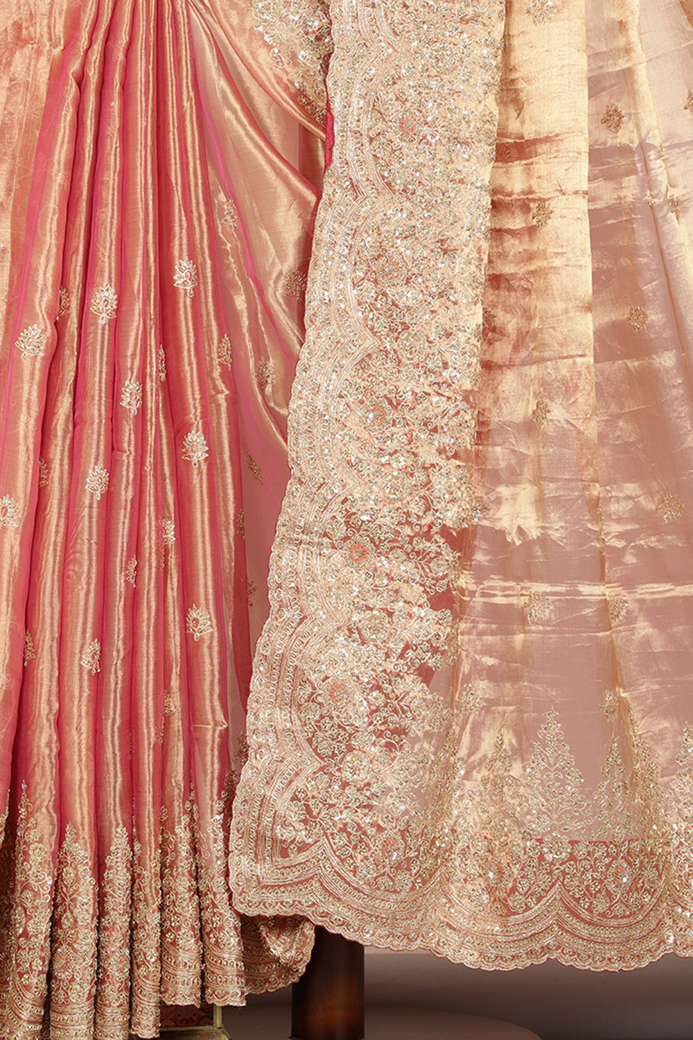 Rani Color Pure Tissue Silk Zardozi & Sequence Handwork Saree with Scalping Border