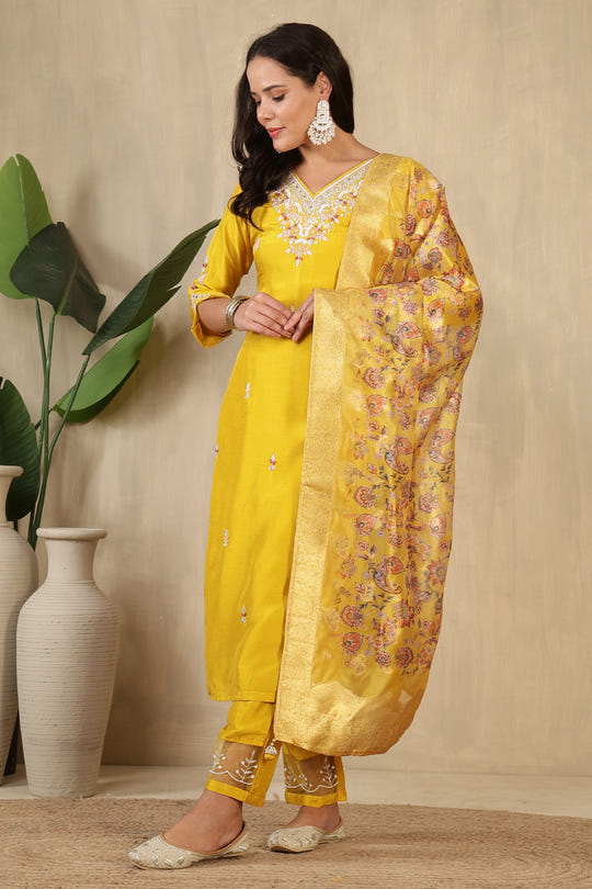 Mustard Neck Embroidered Silk Suit
