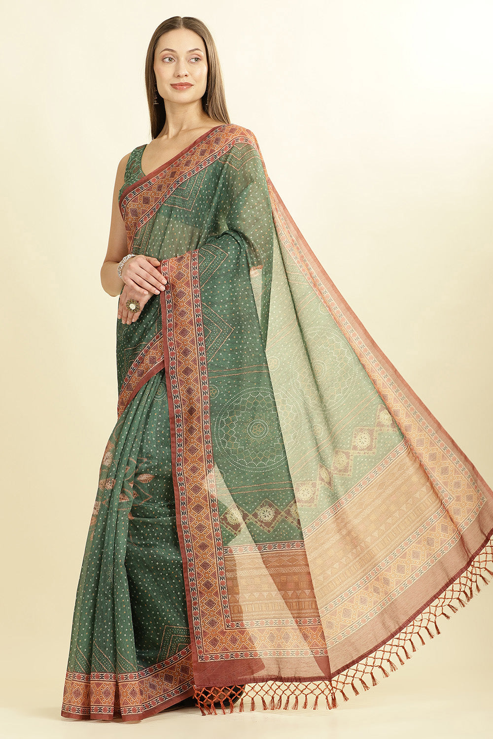 Green Organza Cotton Bandhani Block Printed Saree
