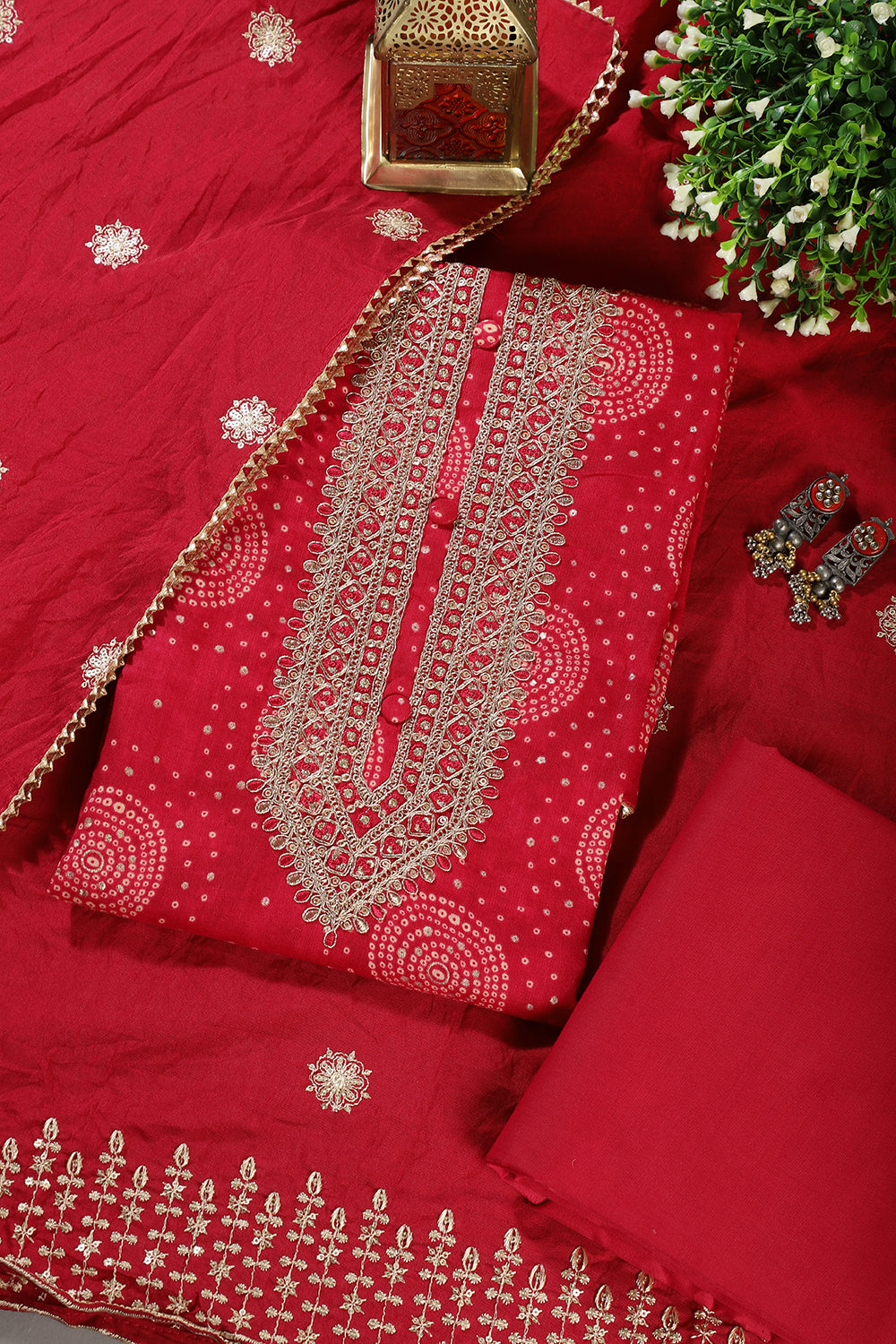 Rani Cotton Bandhani Printed & Neck Embroidered Unstitched Suit