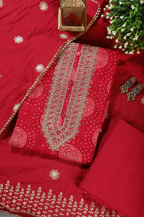 Rani Cotton Bandhani Printed & Neck Embroidered Unstitched Suit