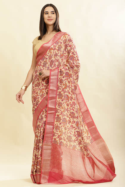 Beige & Pink Cotton Silk Floral Printed Saree