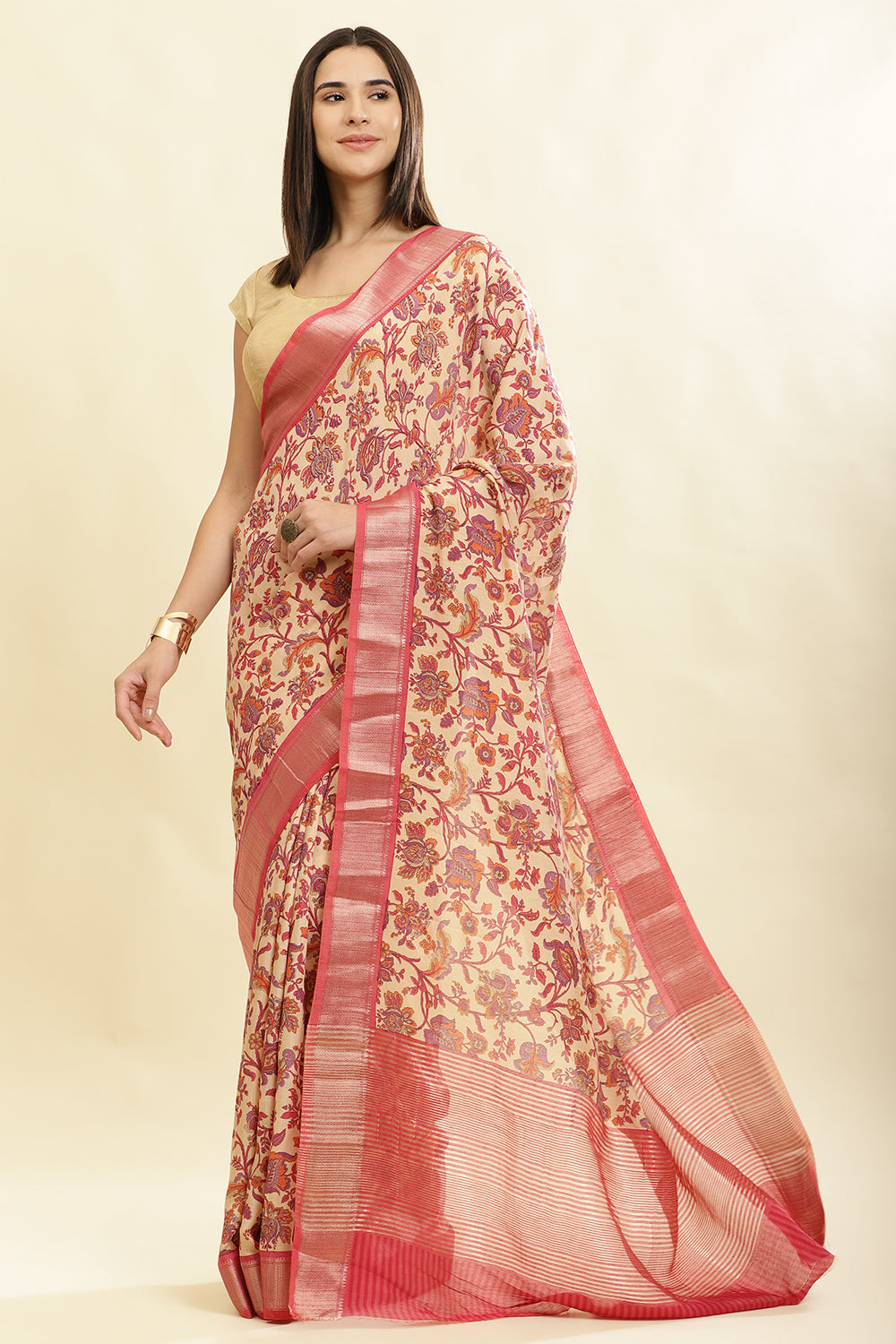 Beige & Pink Cotton Silk Floral Printed Saree
