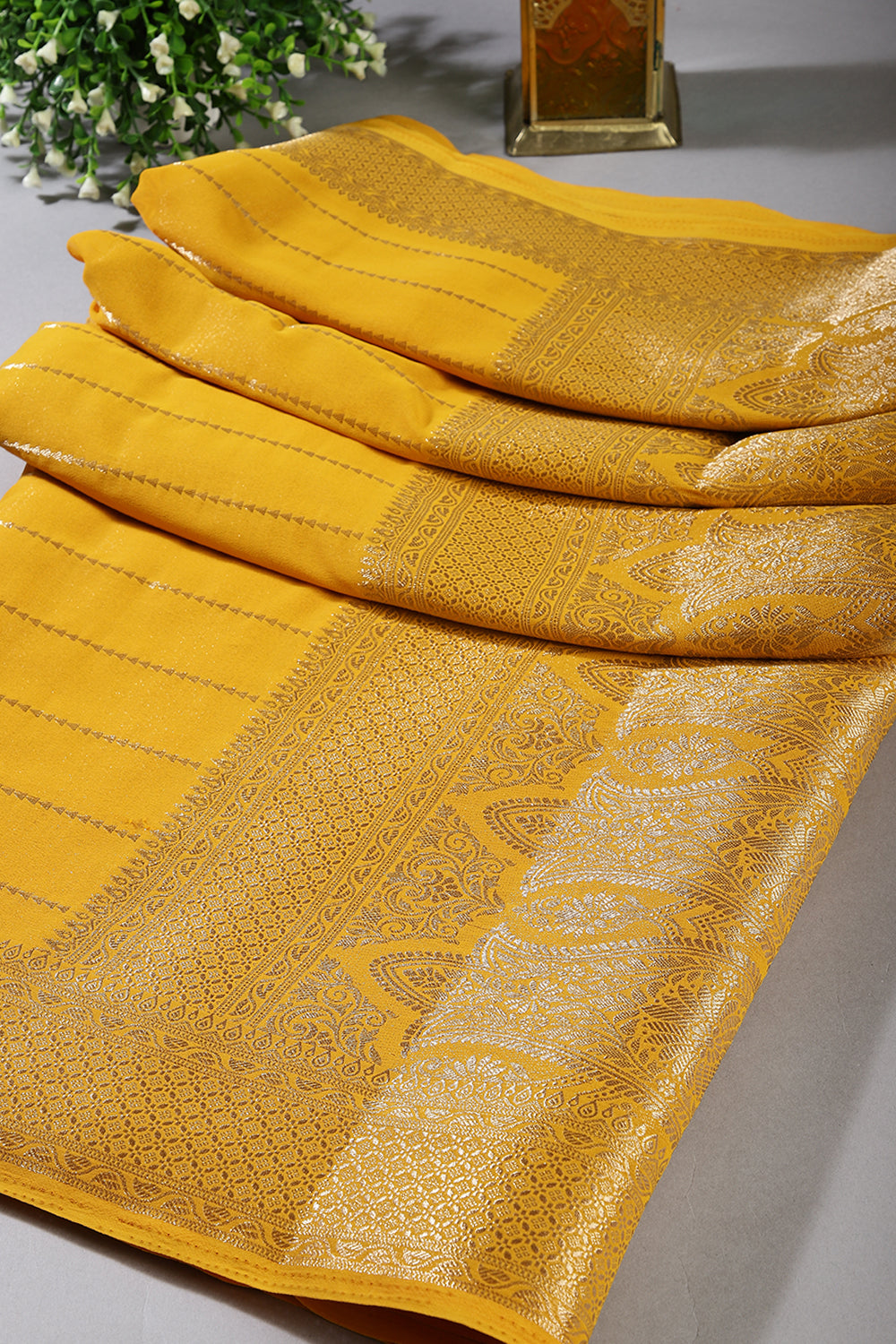 Yellow Color Georgette Saree with Zari Pinstripes