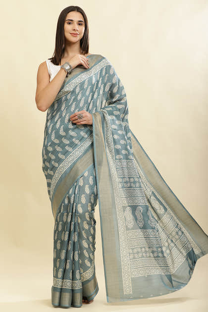 Firozi Color Cotton Silk Boota Printed And Zari Woven Saree