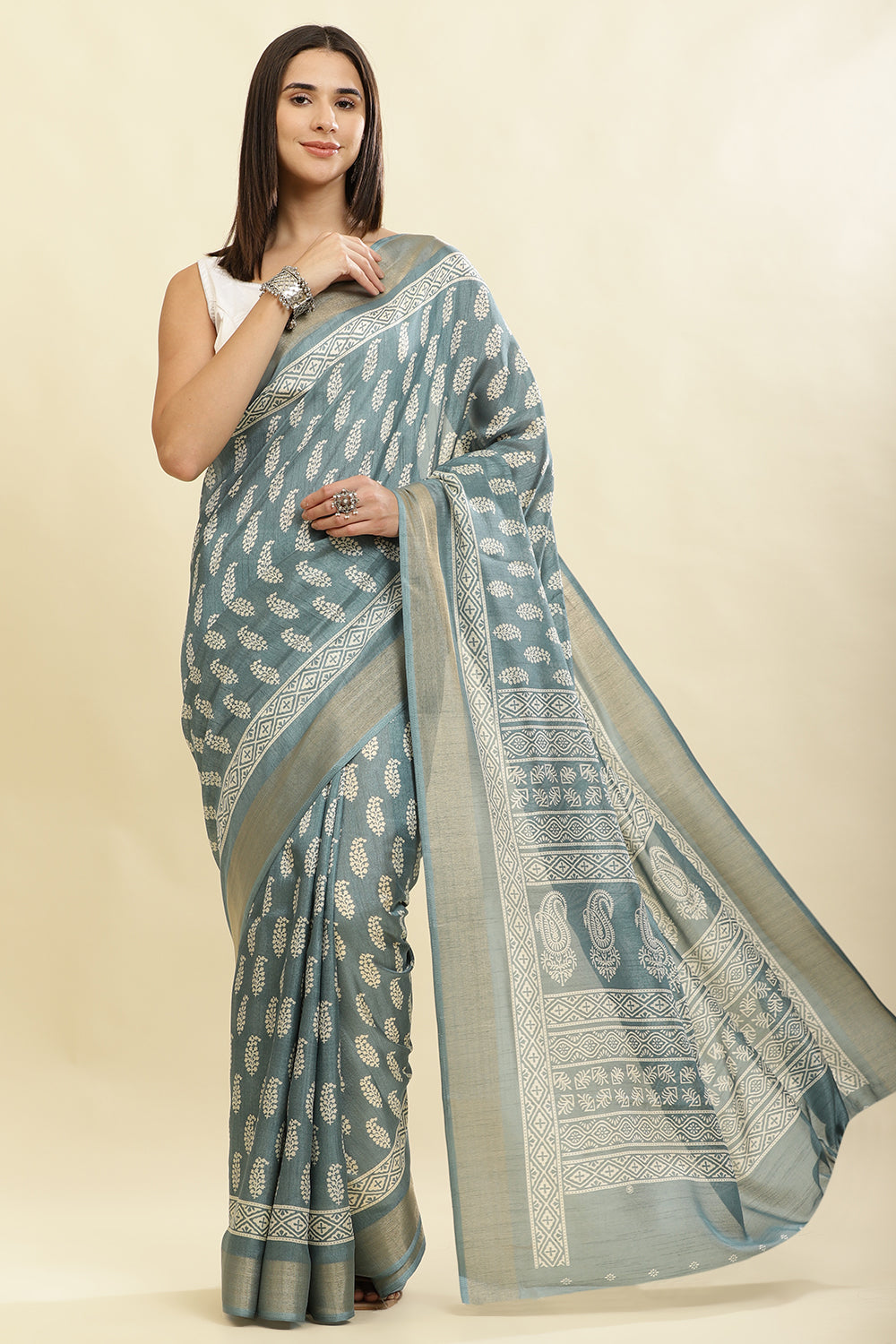 Firozi Color Cotton Silk Boota Printed And Zari Woven Saree
