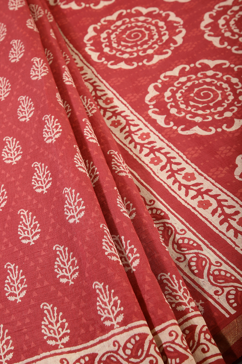 Maroon Color Cotton Hand-Block Style Printed Saree