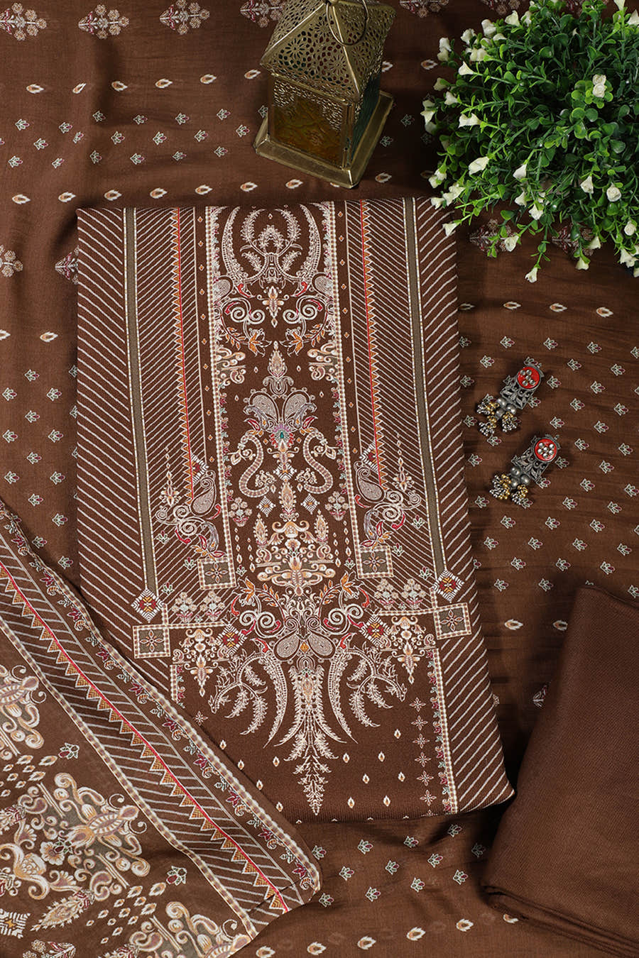 Brown Mughal-Inspired Paisley Printed Spun  Unstitched Suits Fabric
