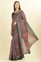 Black Ajrakh Block Printed Cotton Saree