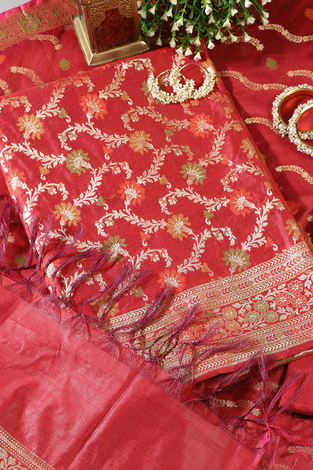 Red Chanderi Silk Resham And Zari Woven Unstitched Suit Material