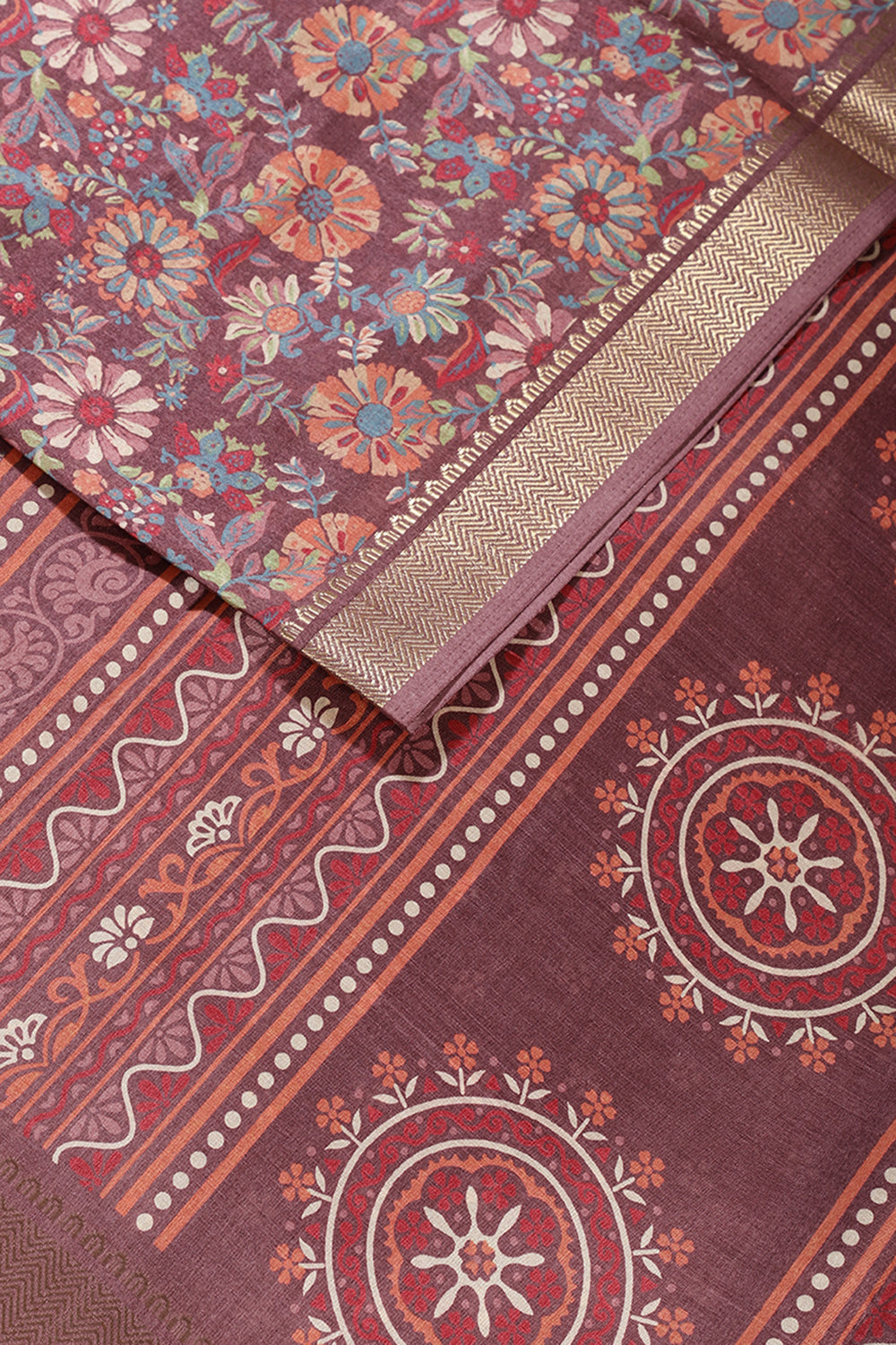 Wine Colour Floral Printed Cotton Silk Saree