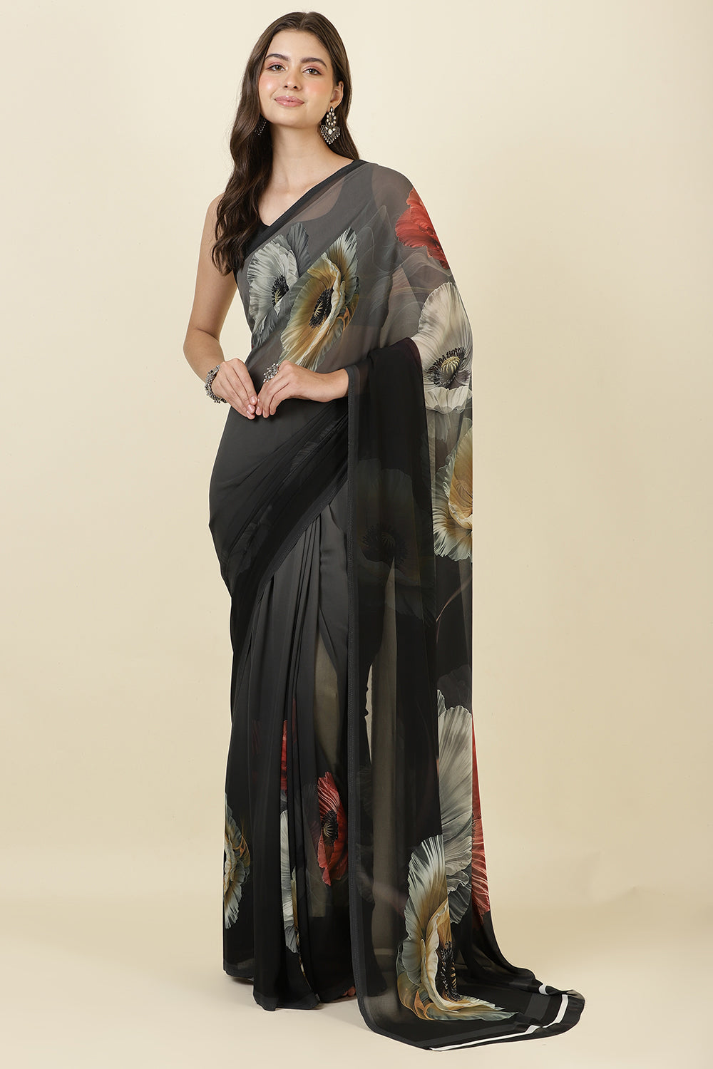 Black Georgette Floral Printed Saree