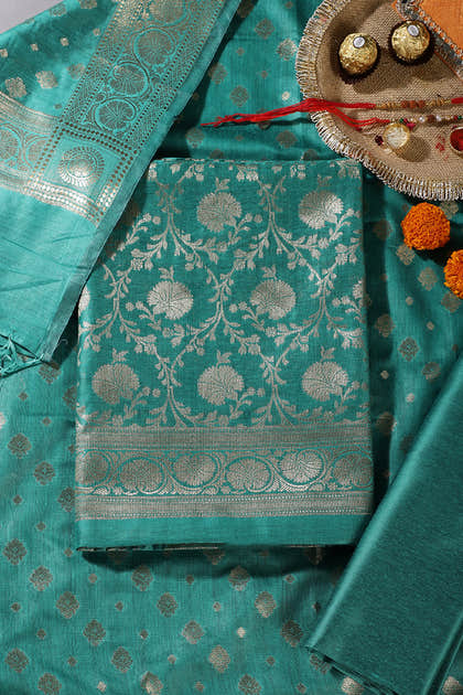 Teal Green Colour Zari Woven Silk Unstitched Suit Fabric