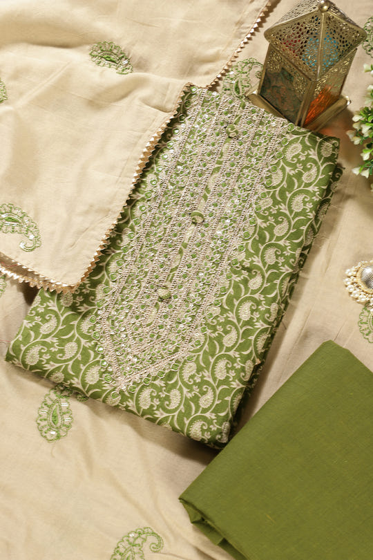 Green Cotton Digital Buta-Printed & Neck Embroidered Unstitched Suit