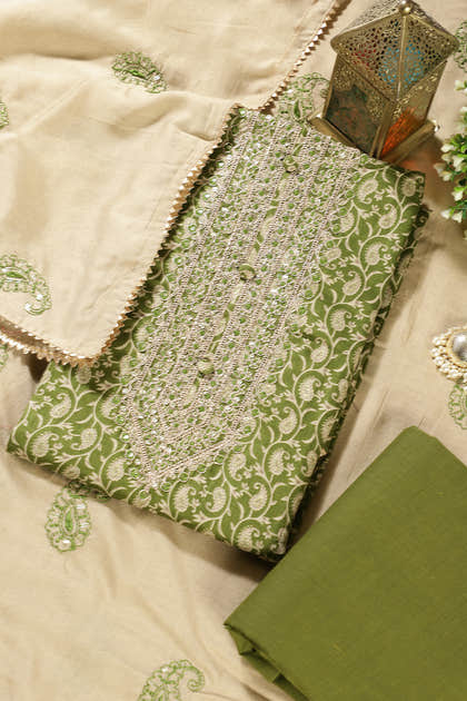 Green Cotton Digital Buta-Printed & Neck Embroidered Unstitched Suit