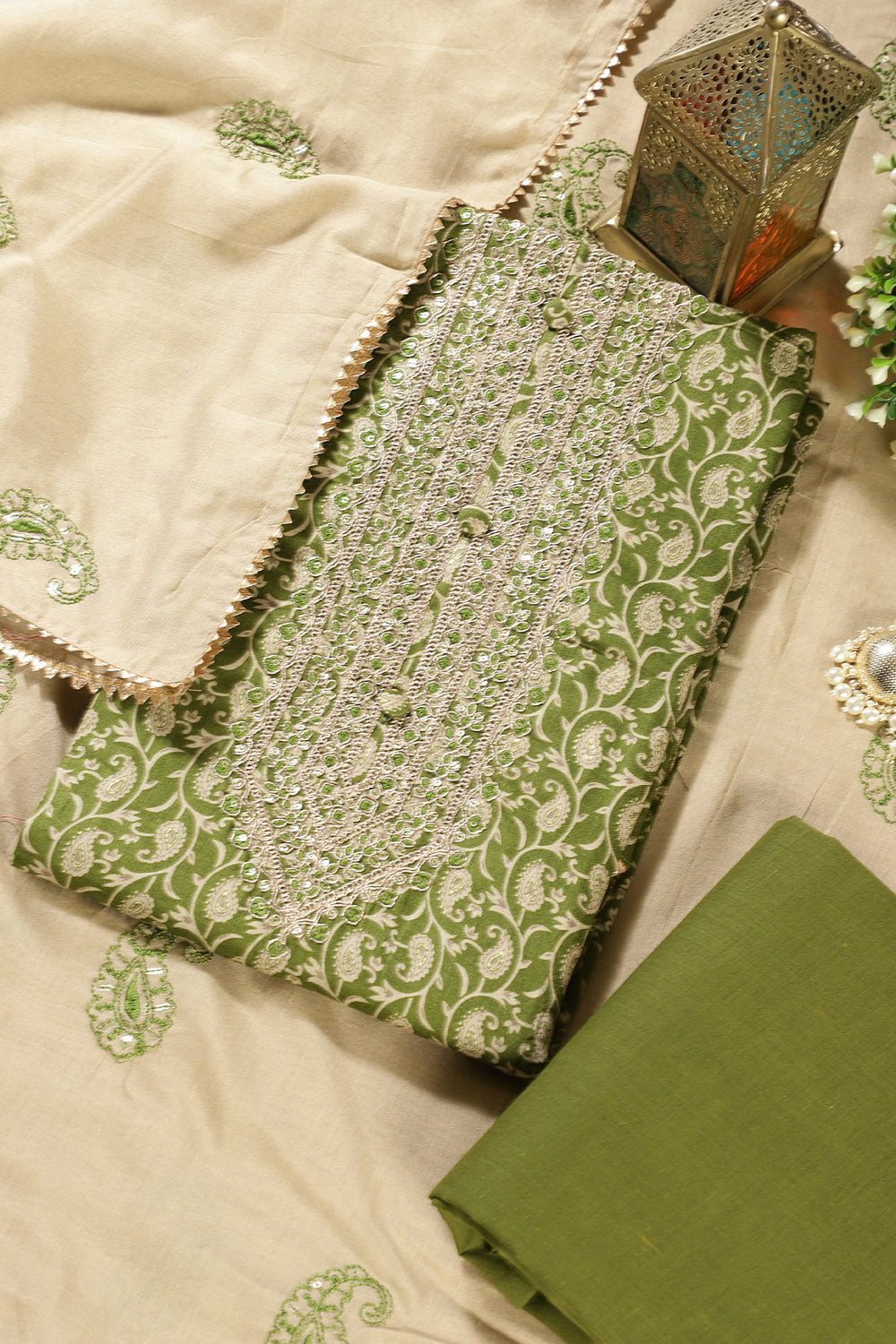 Green Cotton Digital Buta-Printed & Neck Embroidered Unstitched Suit