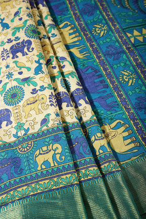 Cream & Blue Color Tussar Silk Indian Folk Art Printed Saree