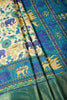 Cream & Blue Color Tussar Silk Indian Folk Art Printed Saree