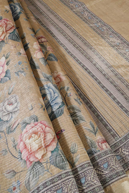 Gold Floral Printed Metallic Tissue Saree